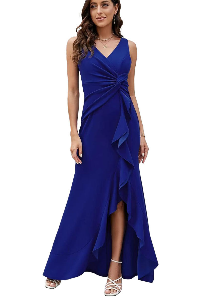 V neck Sleeveless Slim Fit Elegant Ruffled Split Long Evening Dress by Ragazza