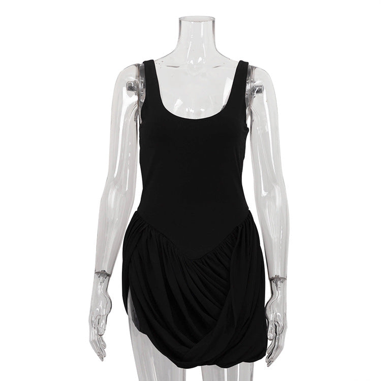 Women Clothing Patchwork Design Pleated Sleeveless Suspender High Waist Irregular Asymmetric Hem Dress by Ragazza
