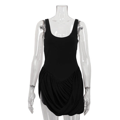 Women Clothing Patchwork Design Pleated Sleeveless Suspender High Waist Irregular Asymmetric Hem Dress by Ragazza