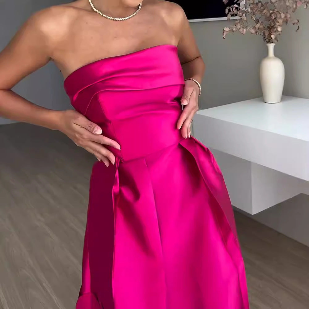 Stitching round Satin Sexy Tube Top High Waist Dress Evening Dress by Ragazza