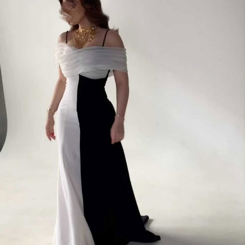 Spring Summer Women Strap Color Matching Pleated Slim Elegance Retro Dress  DestGlow