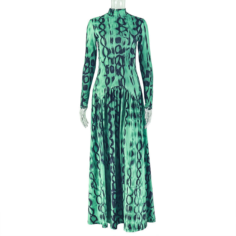 Retro Elegant Women Pleated Big Hem A line Dress Turtleneck Long Sleeve Printed Waist Controlled Dress by Ragazza