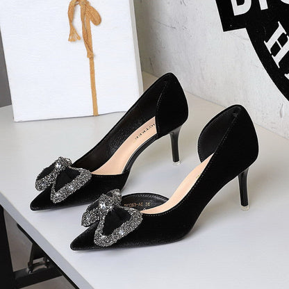 Wind Black Dignified Rhinestone Decorative Bowknot Pointed Shallow Mouth Side Hollow Out Cutout Sexy Pumps  DestGlow