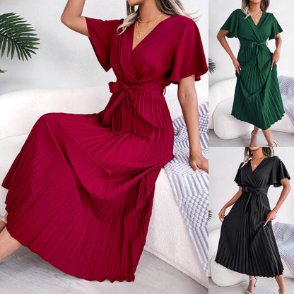 Spring Summer Elegant Criss Cross V-neck Swing Pleated Dress Women Clothing by Ragazza