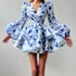 Elegant Women Clothing V neck Puff Sleeve A line Dress Autumn Printed High Waist Bubble Dress  DestGlow