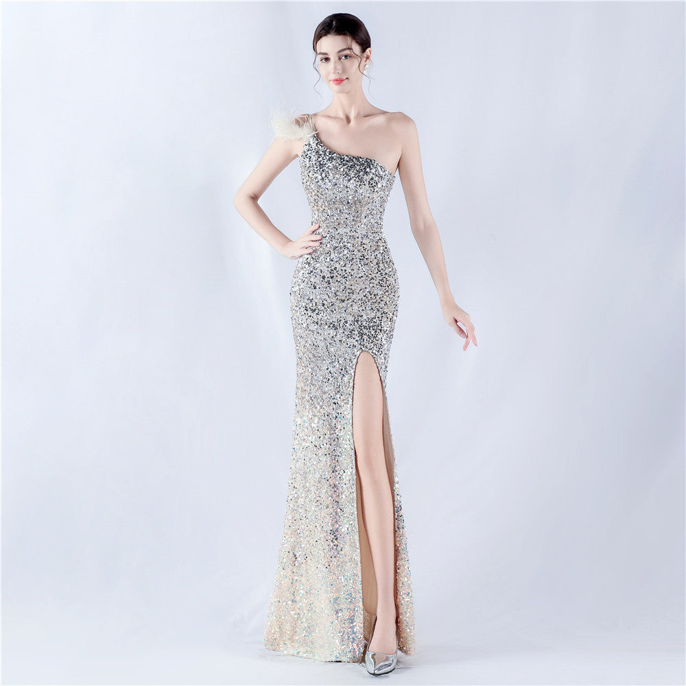 Dress Gradient Velvet Bottom Sequin Craft Order Ostrich Feather One Shoulder Diagonal Collar High Fork Evening Dress 