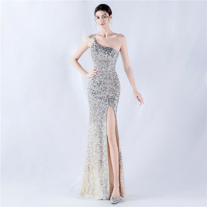 Dress Gradient Velvet Bottom Sequin Craft Order Ostrich Feather One Shoulder Diagonal Collar High Fork Evening Dress by Ragazza