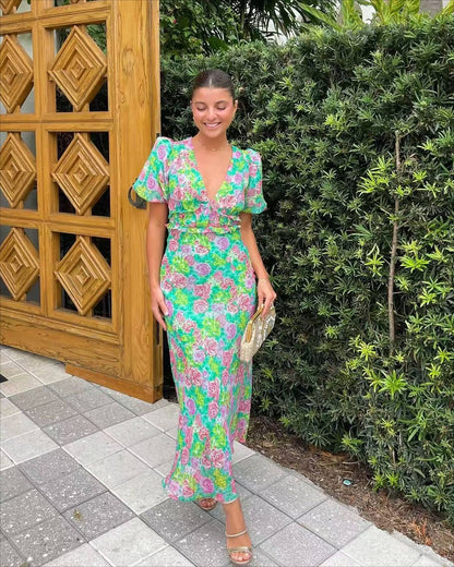 Summer French Puff Sleeve V neck Printing Dress by Ragazza