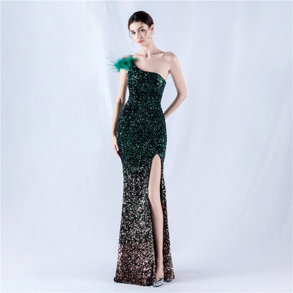 Dress Gradient Velvet Bottom Sequin Craft Order Ostrich Feather One Shoulder Diagonal Collar High Fork Evening Dress by Ragazza