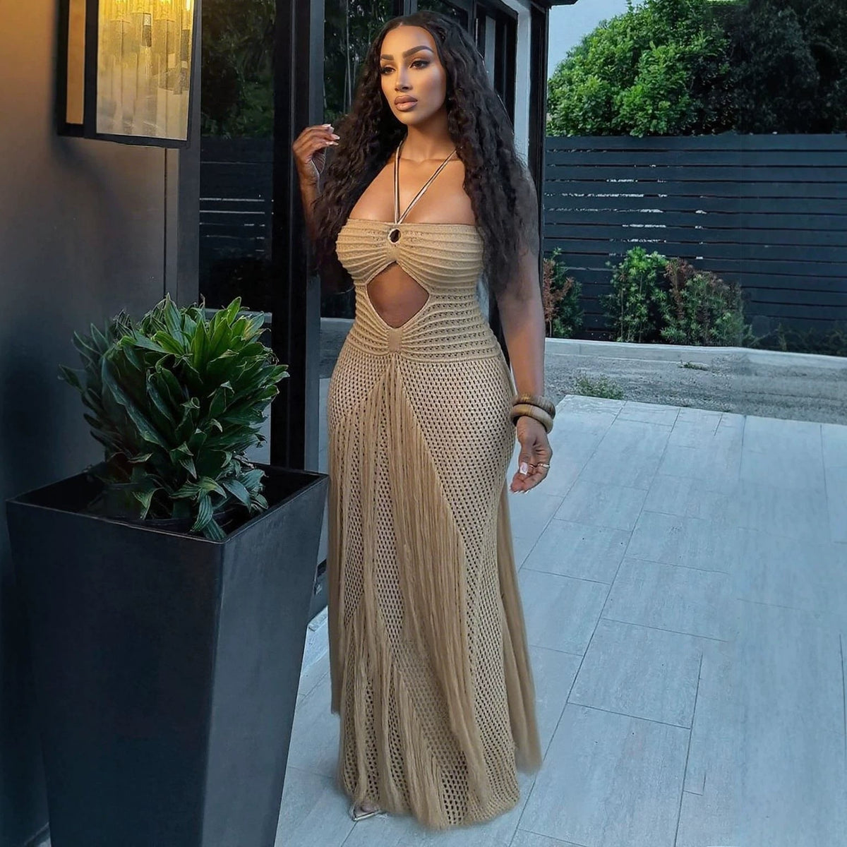 Hollow Out Cutout Bikini Cover Sexy Waist Drawstring Tassel Knitted Beach Dress for Women  DestGlow