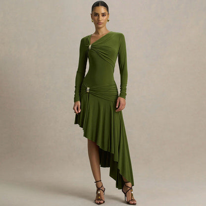 Autumn Winter Graceful Fashionable Women Slim Dress Sexy Pleated Irregular Asymmetric Maxi Dress by Ragazza
