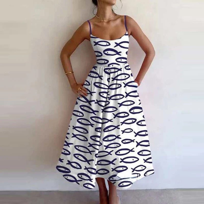 Spring Women Clothing Printing Pleated Waist Tight Large Swing Sling Dress by Ragazza