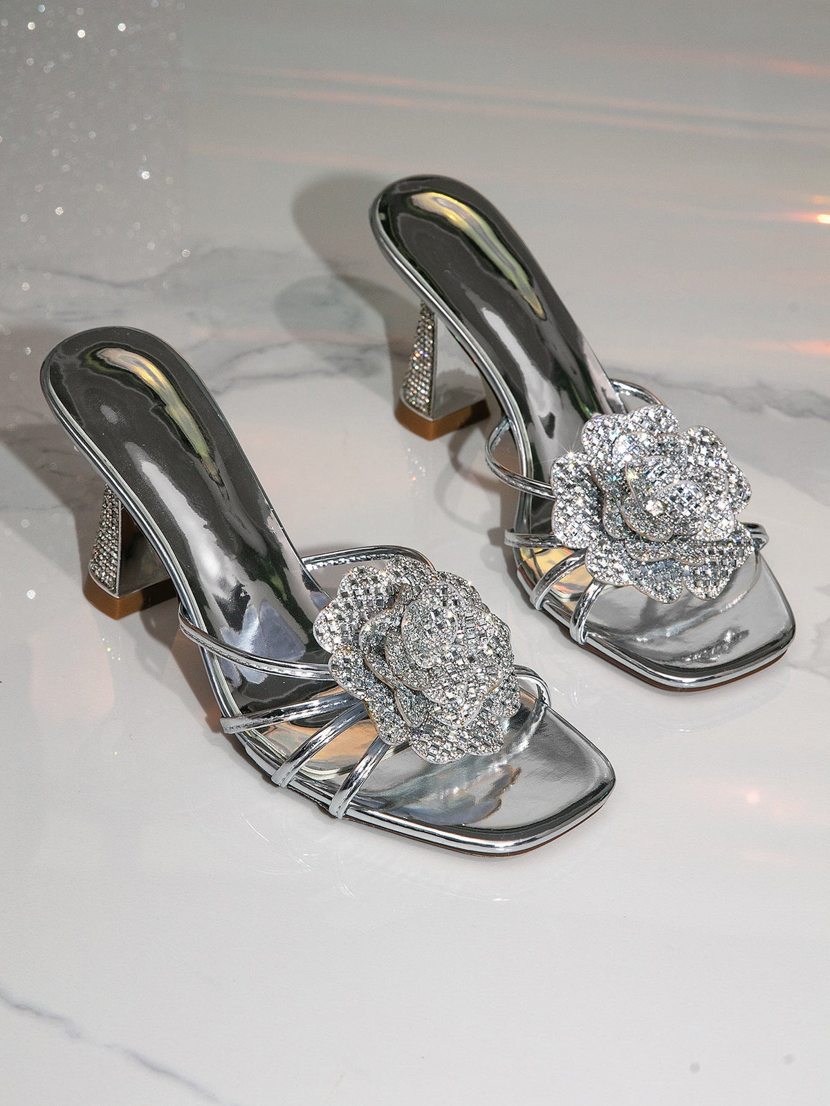 Women Summer Sandals High Heel Slippers Wine Cup Heel Rhinestone Floral High Heel Sandals Black Silver Gold  DestGlow