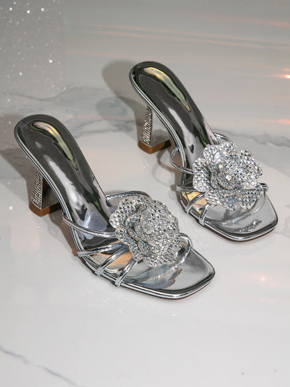 Women Summer Sandals High Heel Slippers Wine Cup Heel Rhinestone Floral High Heel Sandals Black Silver Gold  DestGlow
