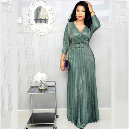 Winter African Women Wear Long Sleeve Bronzing Pleated Swing Dress with Belt Glittering Powder Fabric by Ragazza