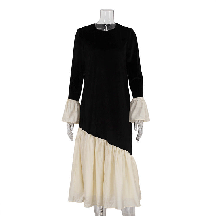 Korean Velvet Autumn French Stitching round Neck Flared Sleeves Dress Loose Maxi Dress Women Clothing by Ragazza