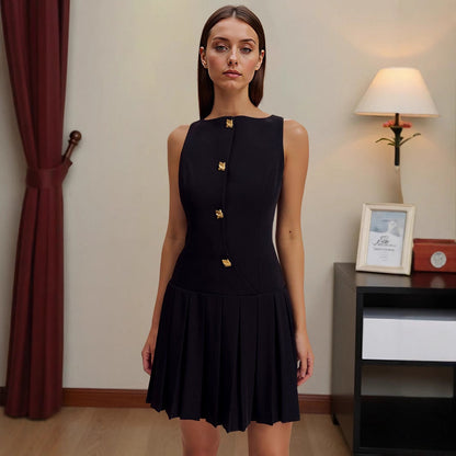 Spring Summer Simple Women Clothing Personalized Wide Hem Pleated Waist Tight Solid Color Sleeveless Short Dress by Ragazza