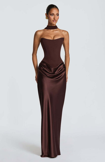 Solid Color Waist Tight Sexy Tube Top Package Hip Maxi Dress Satin Lace up Ribbon Dress  DestGlow