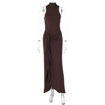 Summer Women Clothing Solid Color round Neck Sleeveless Bandage Sexy Slit Dress