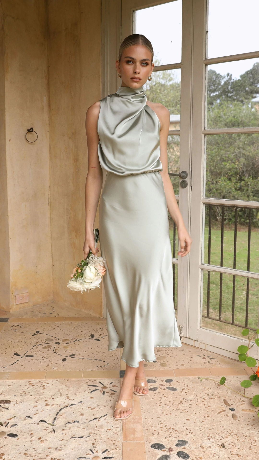 Summer Mature Elegant Women Clothing Sleeveless Halter Solid Color Satin Dress by Ragazza