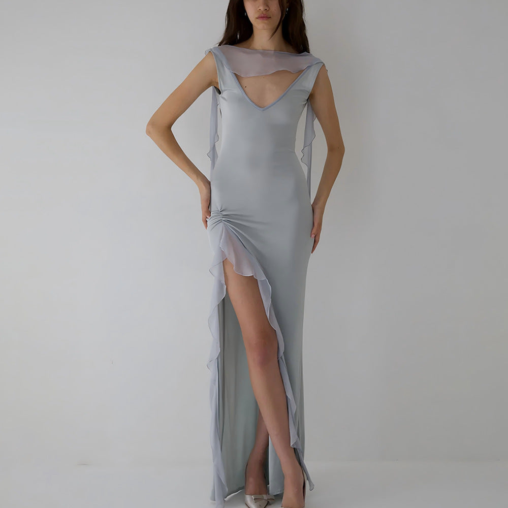 Summer Elegant Ribbon Women Dress Sexy Backless High Slit Ruffled Slim Dress by Ragazza