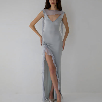 Summer Elegant Ribbon Women Dress Sexy Backless High Slit Ruffled Slim Dress by Ragazza