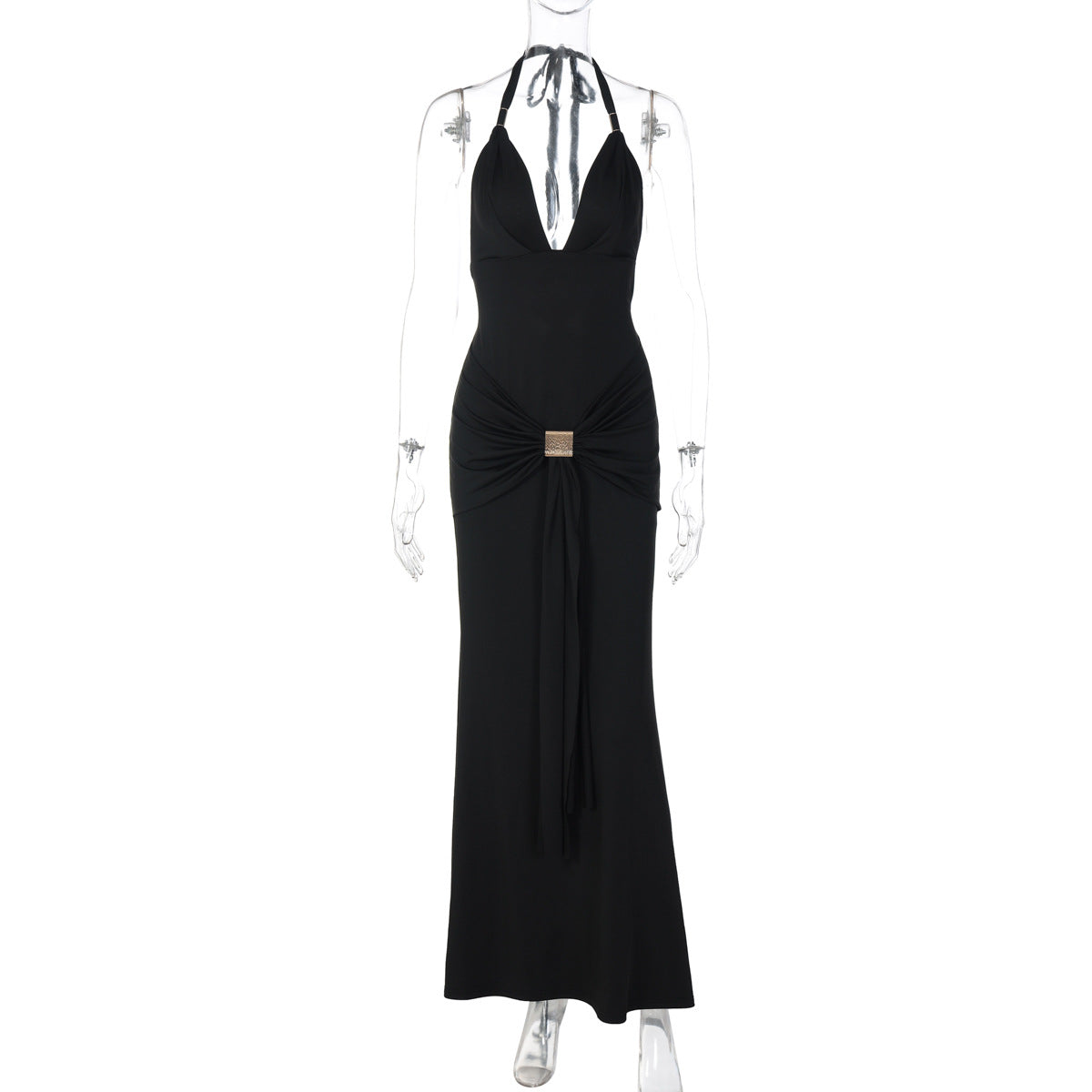 Women Clothing Sexy Deep V Plunge neck Halter Lace up Bare Back Slim Fit Waist Controlled Slimming Dress by Ragazza