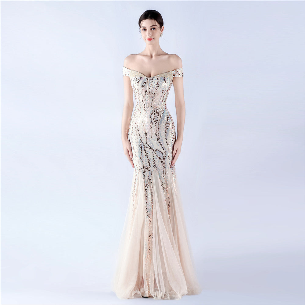Dress Craft Beaded Mesh Sequin Evening Dress Annual Meeting Performance Host by Ragazza