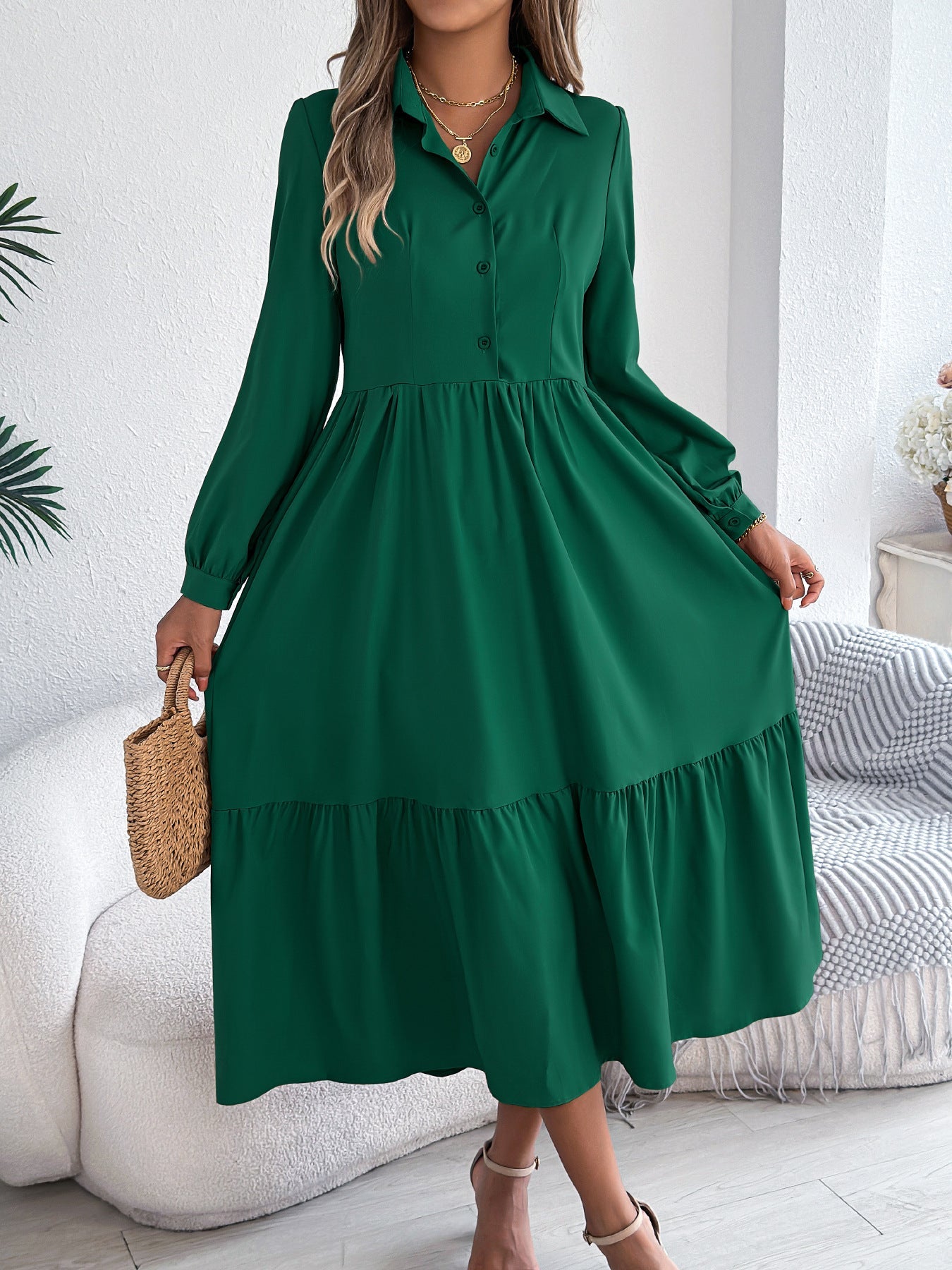 Autumn Winter Collared Casual Loose Long Sleeve Ruffled Shirt Dress Women Clothing by Ragazza