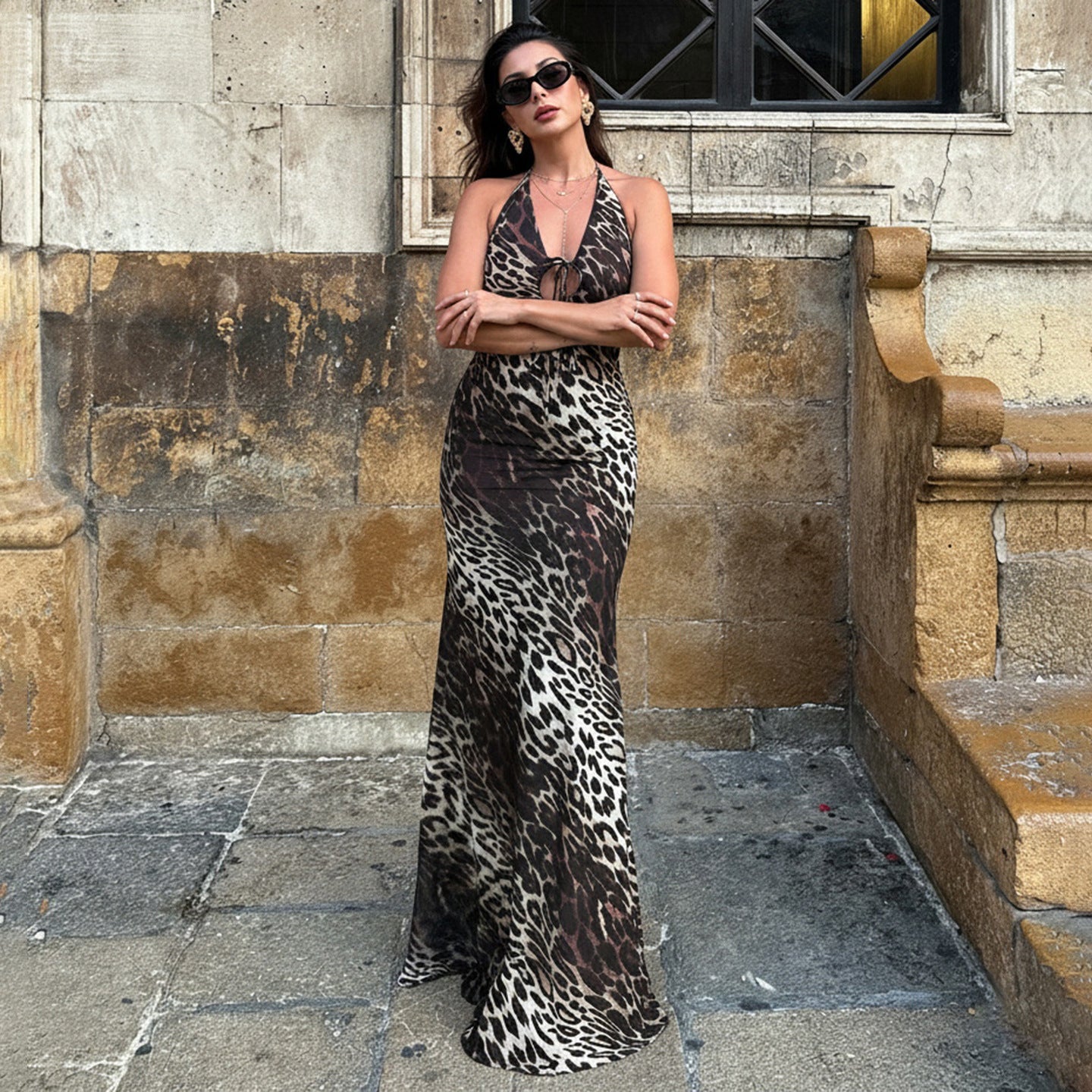 Sexy Party Formal Dress Leopard Print Backless Halter Tied V neck Dress by Ragazza