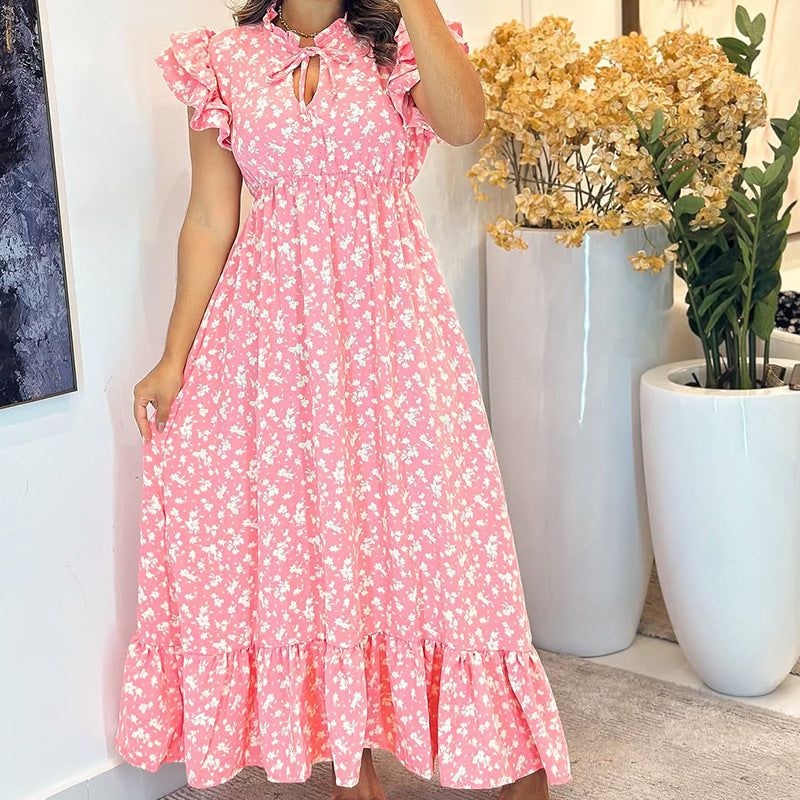 Women Clothing Summer Flying Sleeves High Waist Floral Print Large Swing Vacation Dress by Ragazza