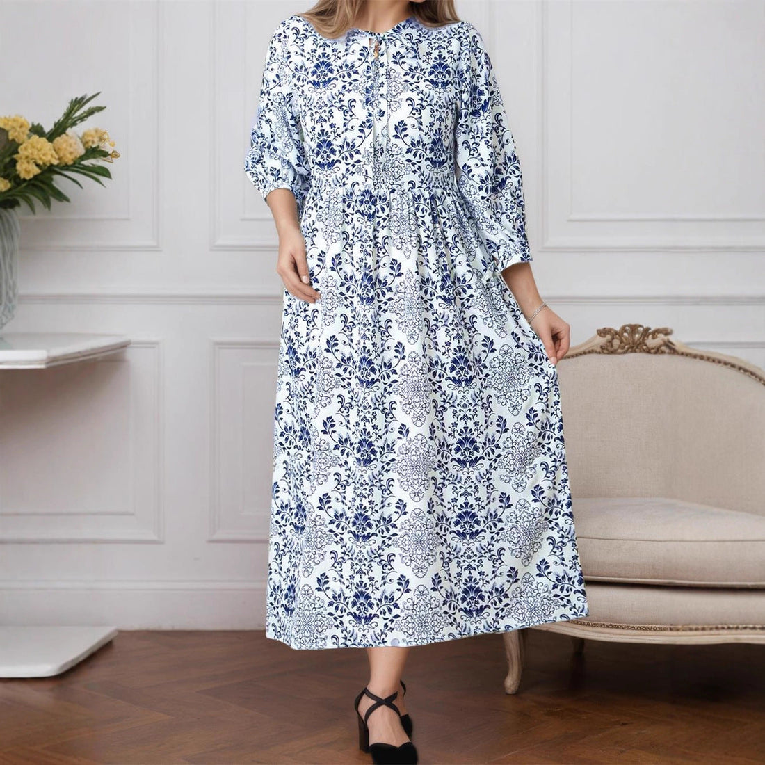 Women Printed Elegant Lace up Waist Controlled Long Sleeve Autumn Winter A line Dress by Ragazza