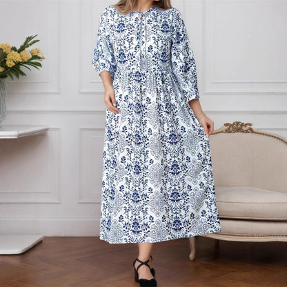 Women Printed Elegant Lace up Waist Controlled Long Sleeve Autumn Winter A line Dress by Ragazza