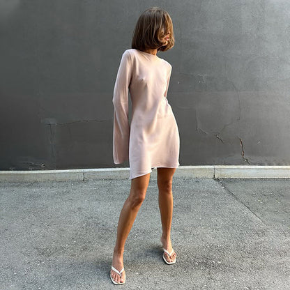 Fashionable Elegant Women Casual Loose round Neck Long Sleeve Satin Comfortable Dress Short by Ragazza