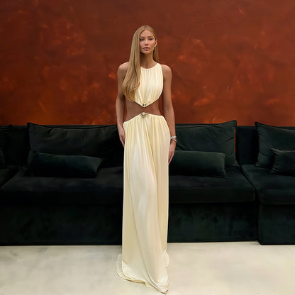 Fall Women Clothing Sexy Waist Hollow Out Cutout out Maxi Dress round Neck Sleeveless Solid Color Dress by Ragazza