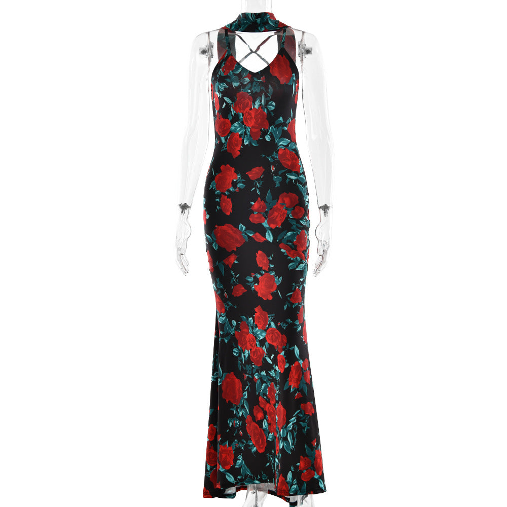 Spring Summer Sexy Dress Strap Backless Deep V Plunge Printed Sexy Slim Dress by Ragazza