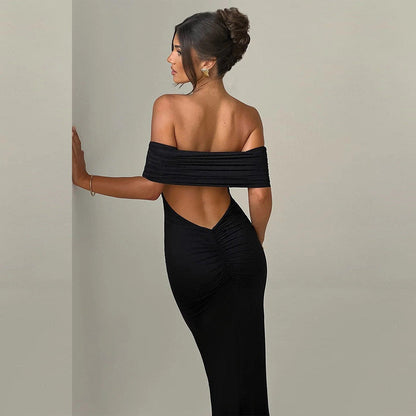 Women Clothing Summer Sexy off Shoulder Backless Bag Hip Pleated Solid Color Dress by Ragazza