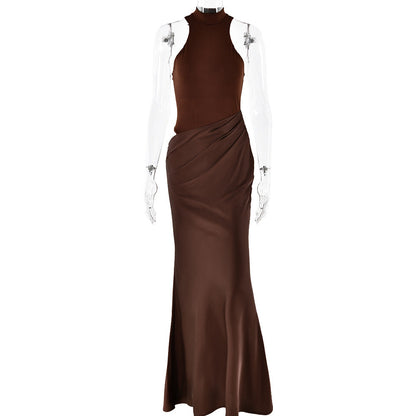 Women Dress round Neck Sleeveless Slim Fitting Patchwork Maxi Dress Hollowed out Dress by Ragazza