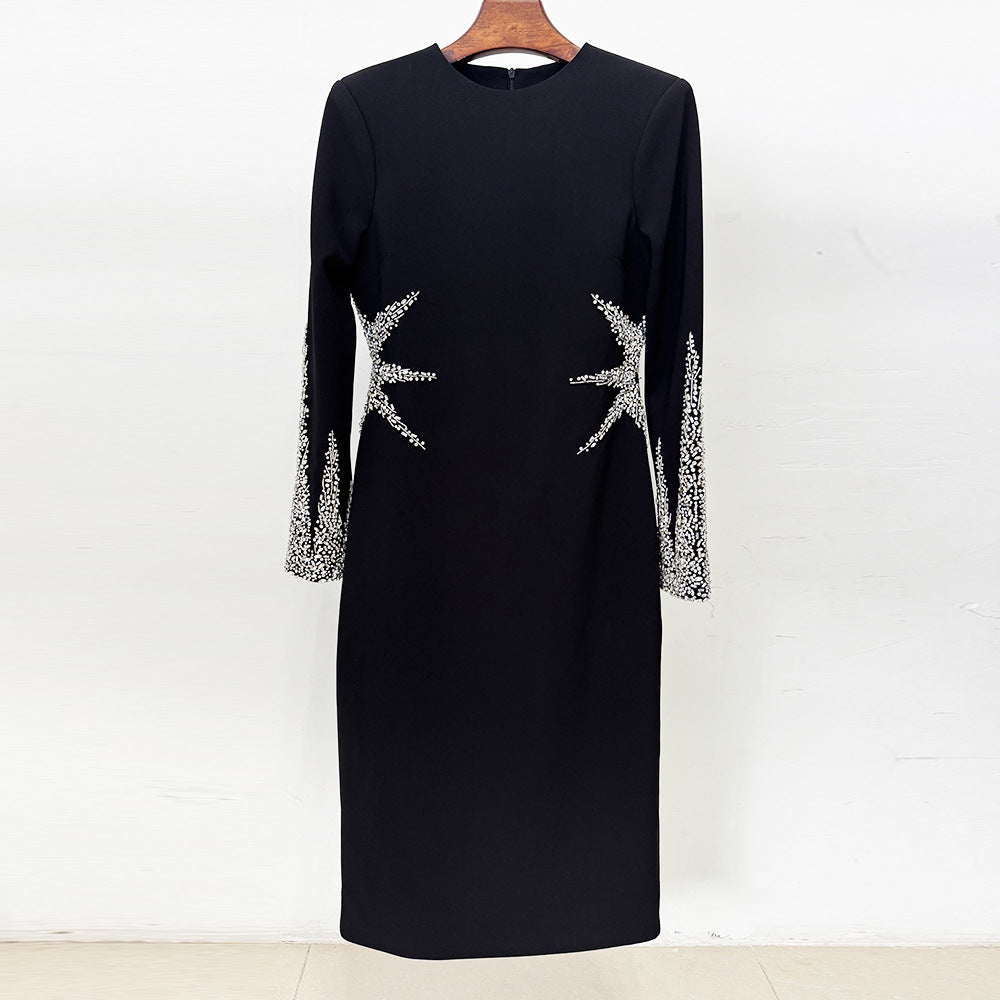 Autumn Winter Star Heavy Industry Beads Diamond Slim Mid Length Dress  DestGlow