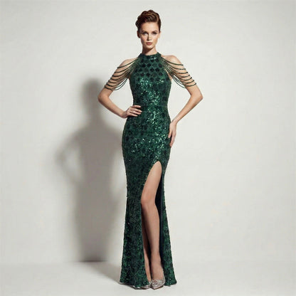 Evening Dress Sequ High Slit Tassel Shoulder Chain Cocktail Party Long Dress by Ragazza