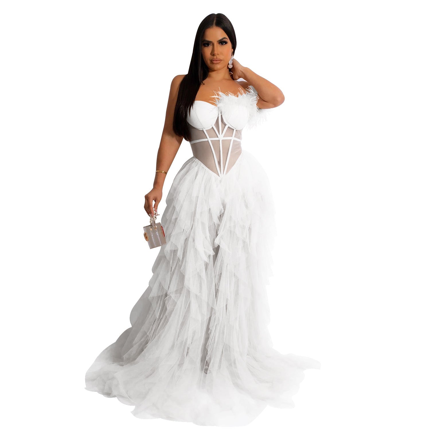 Women Wear Solid Color Sleeveless Corset Mesh Maxi Dress Dress 