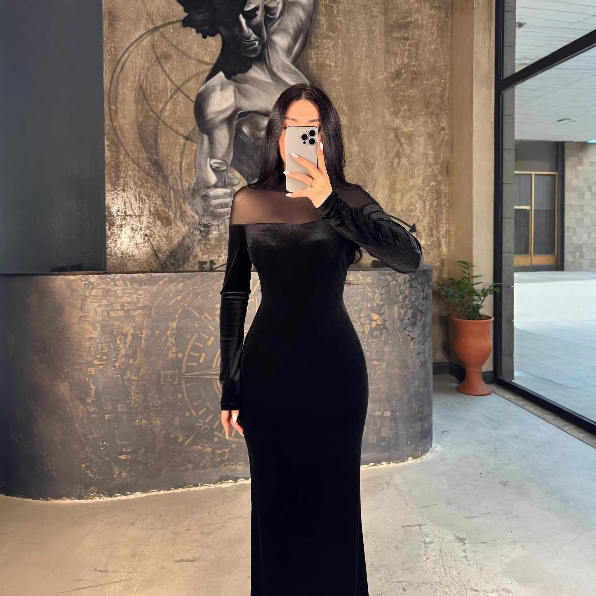 Autumn Winter Women Clothing Velvet Stitching Hip Dress  DestGlow