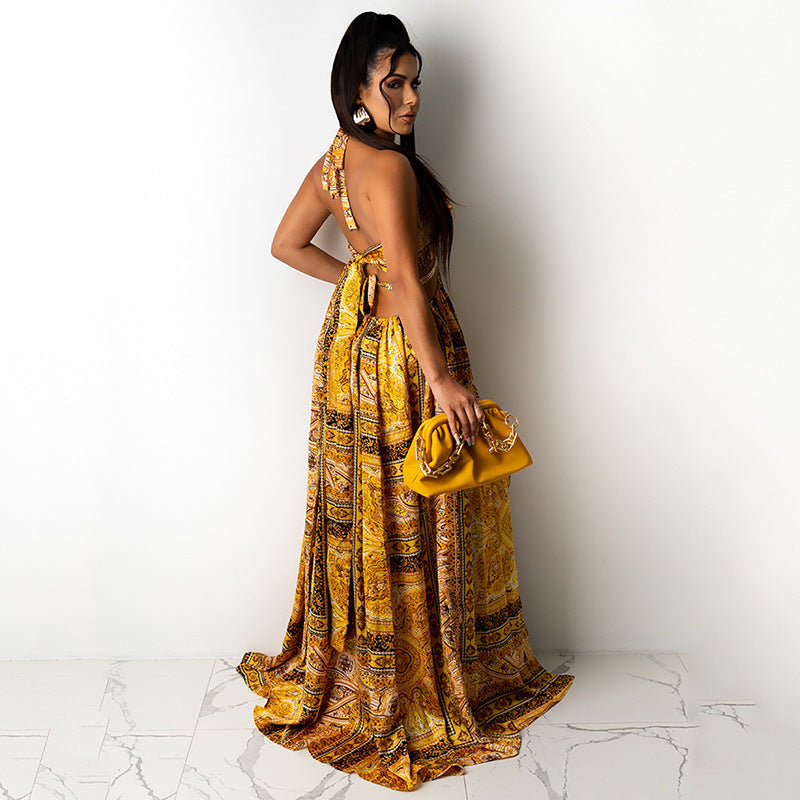 Women Clothing Sleeveless Printed Halter Dress Split Dress by Ragazza