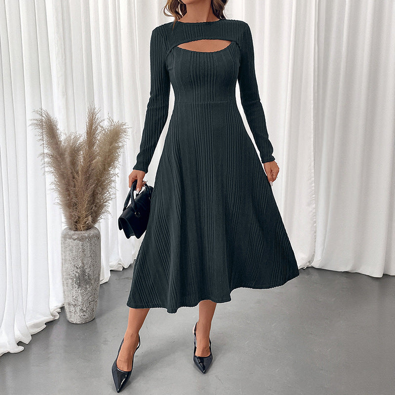 Autumn Elegant Office Sexy Cutout round Neck Solid Color Slim Fit Dress by Ragazza