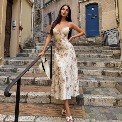 Street Vacation Sexy V neck Lace Satin Splicing Sling Dress Floral A line Printed Maxi Dress by Ragazza