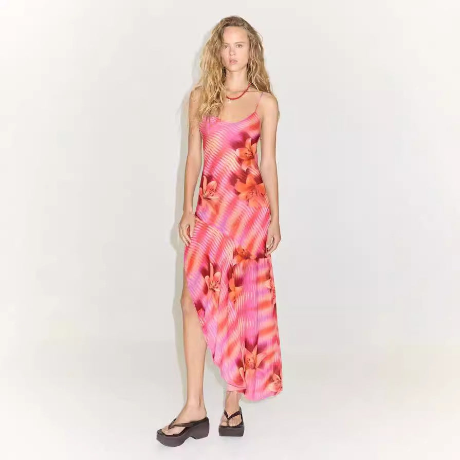 Backless Bandage Slit Printing Dress Women Clothing Printing Slip Dress by Ragazza