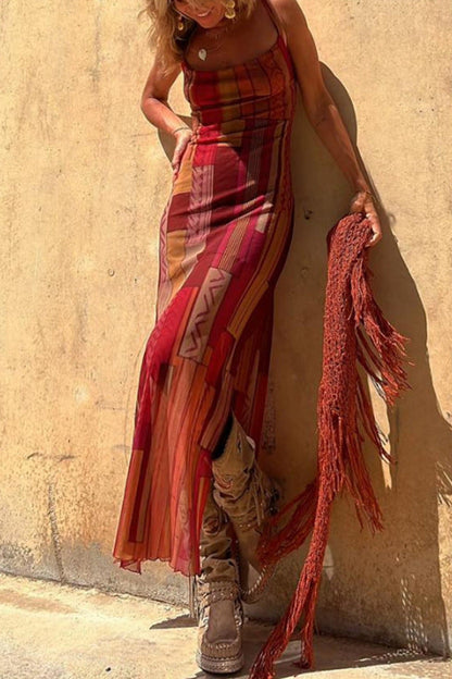 Sexy Sleeveless Printed Stretch Split Straps Tulle Dress by Ragazza