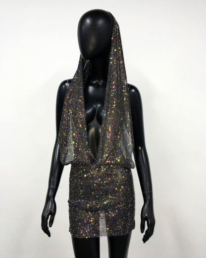 Autumn Winter Rhinestone Pockets Collar Halter Dress Sexy Backless Party Hip Dress by Ragazza