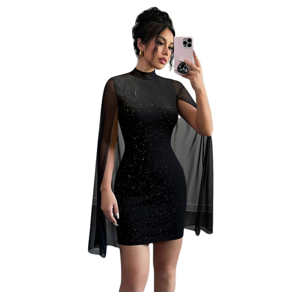Turtleneck Dress Women Black Rhinestone Sequined Slim Fit Short Sleeve Mesh Stitching Inner Wear Dress by Ragazza