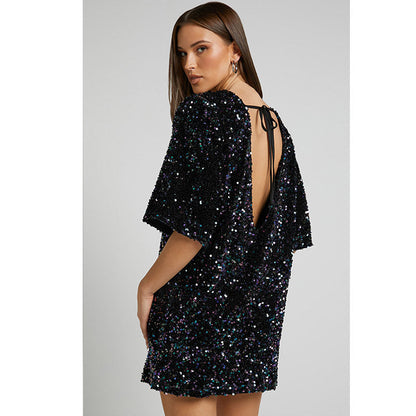 Autumn Winter Velvet Sequin Elegant V neck Backless Short Sleeve Dress by Ragazza